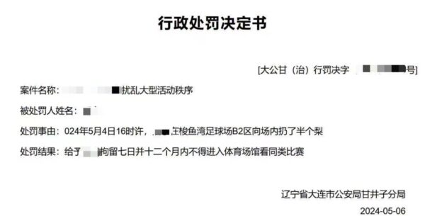 大连广州冲突后续球迷扔梨被禁止进入球场一年